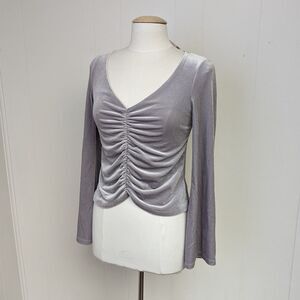 NWT Silver Velvet Long Sleeve Ruched Deep V-Neck Top by Urban Outfitters XS